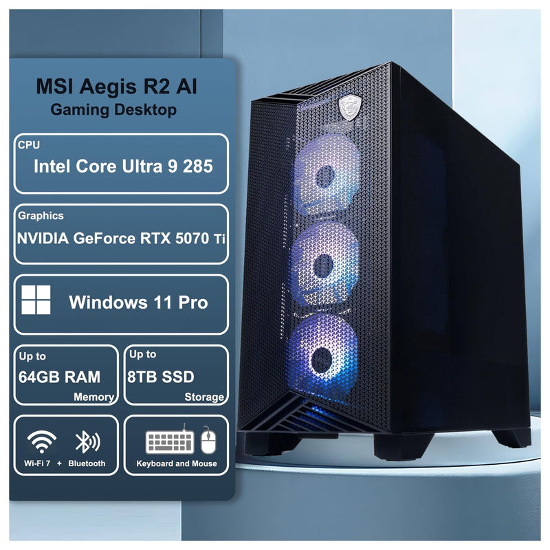 MSI Aegis R2 AI 2nd Gaming Desktop Intel 24-core Ultra 9, 64GB RAM, 4TB SSD, GeForce RTX 5070 Ti, 5Gb LAN, Wi-Fi 7