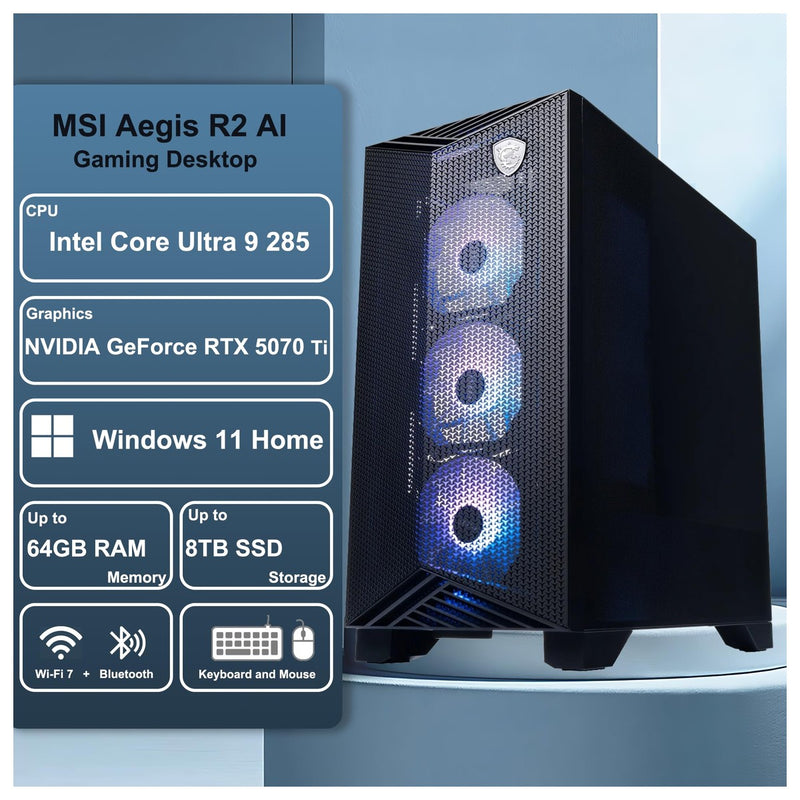 MSI Aegis R2 AI: Torre para juegos con Intel Ultra 9, 32GB RAM, 2TB SSD, RTX 5070 Ti, Wi-Fi 7 y PSU 80+ Gold con accesorio ICP