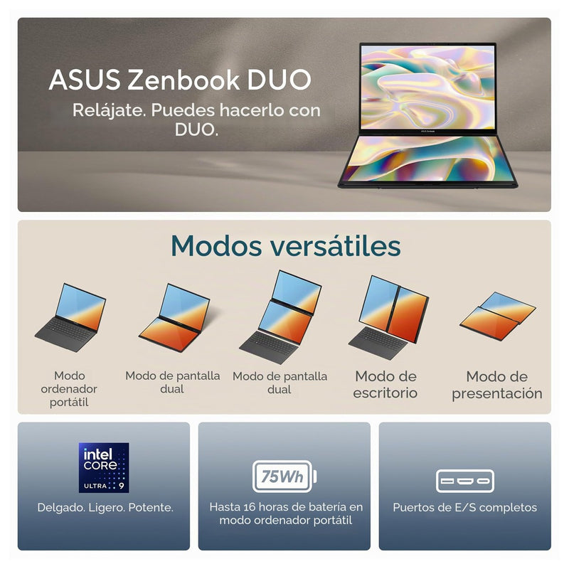 Asus Zenbook Duo Dual Oled Con Pantalla Táctil, Intel Core Ultra 7, 32gb Ram, 1tb Ssd, Windows 11 Home - Gris