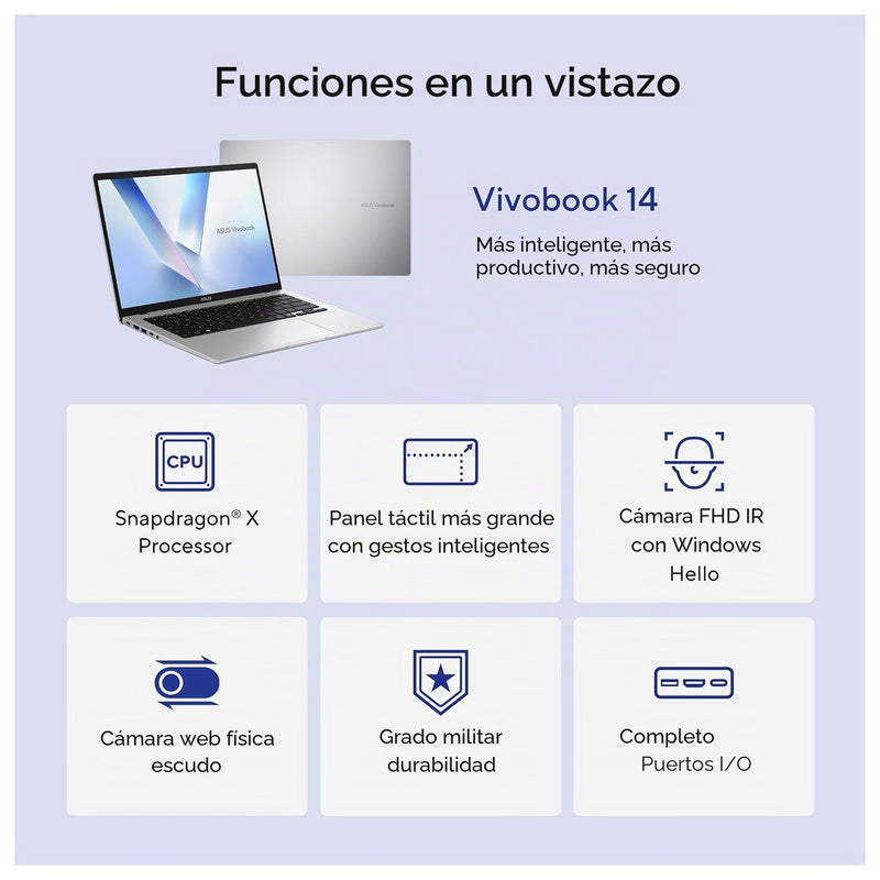 Asus Vivobook 14 Laptop Snapdragon 16GB RAM 512GB SSD Windows 11 Plateado
