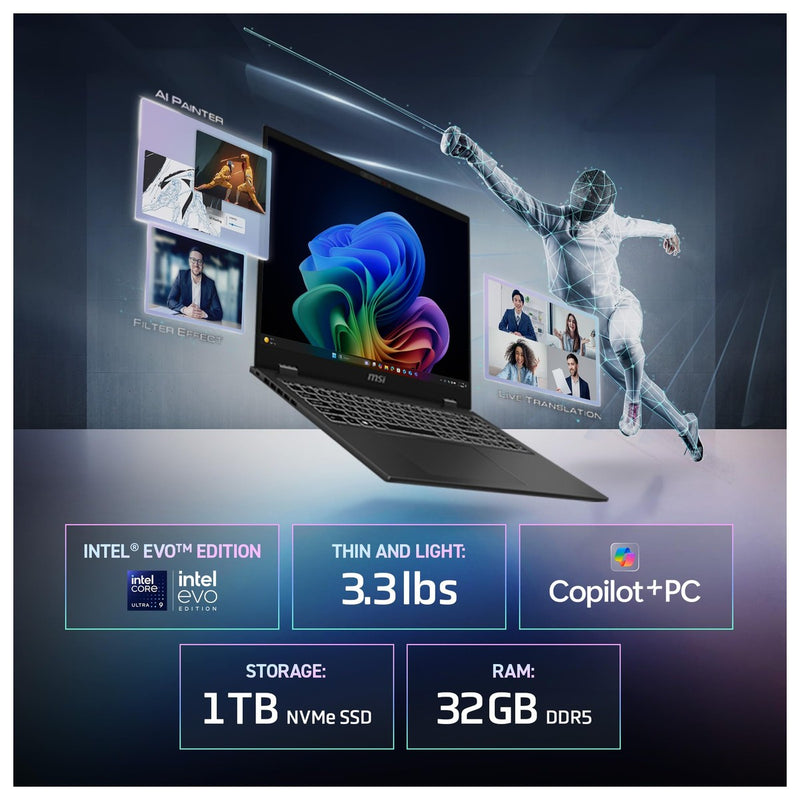 Msi Prestige 16 Ai+ Evo 16" Uhd+ Oled Laptop Intel Core Ultra 7 Intel Arc 16gb Ddr5 1tb Nvm Ssd Hdmi Wi-Fi 7 Win 11 Home