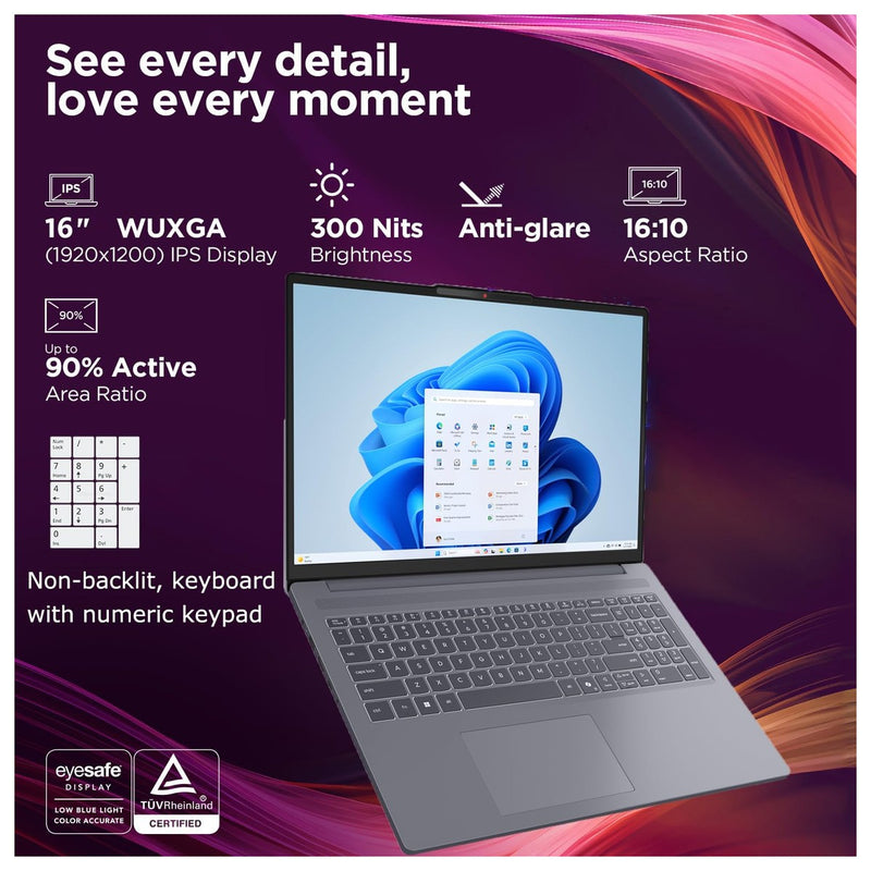 Lenovo IdeaPad Laptop, Intel Core I7, 16GB RAM, 1TB SSD, 16", Gris, Audio HD, Windows 11 Home