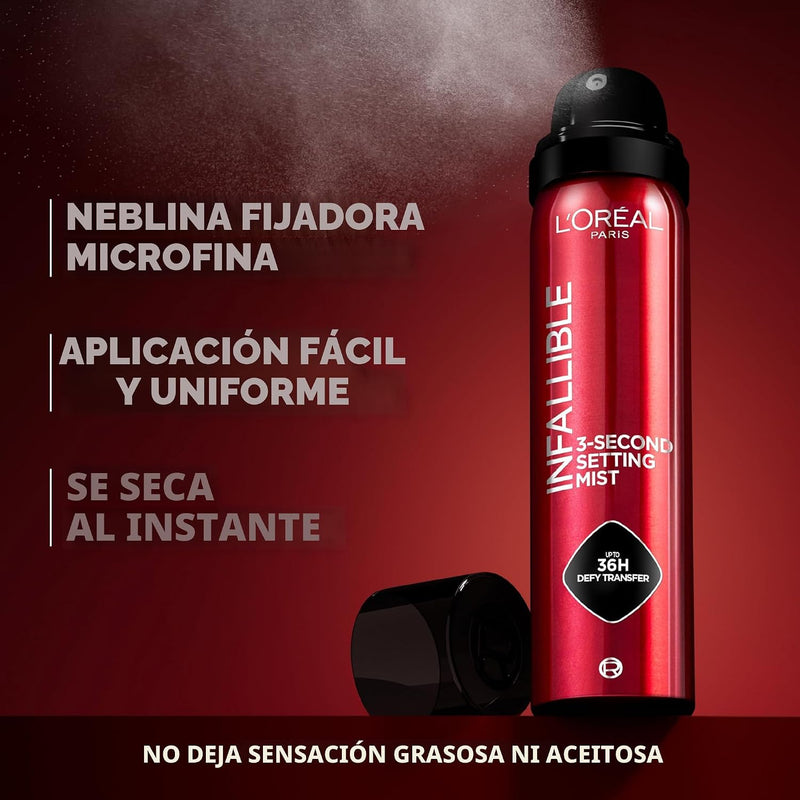 L'Oréal Paris Infallible XL Spray Fijador de Maquillaje 3 Segundos - Neblina Microfina 36H, Transparente 3.9 oz