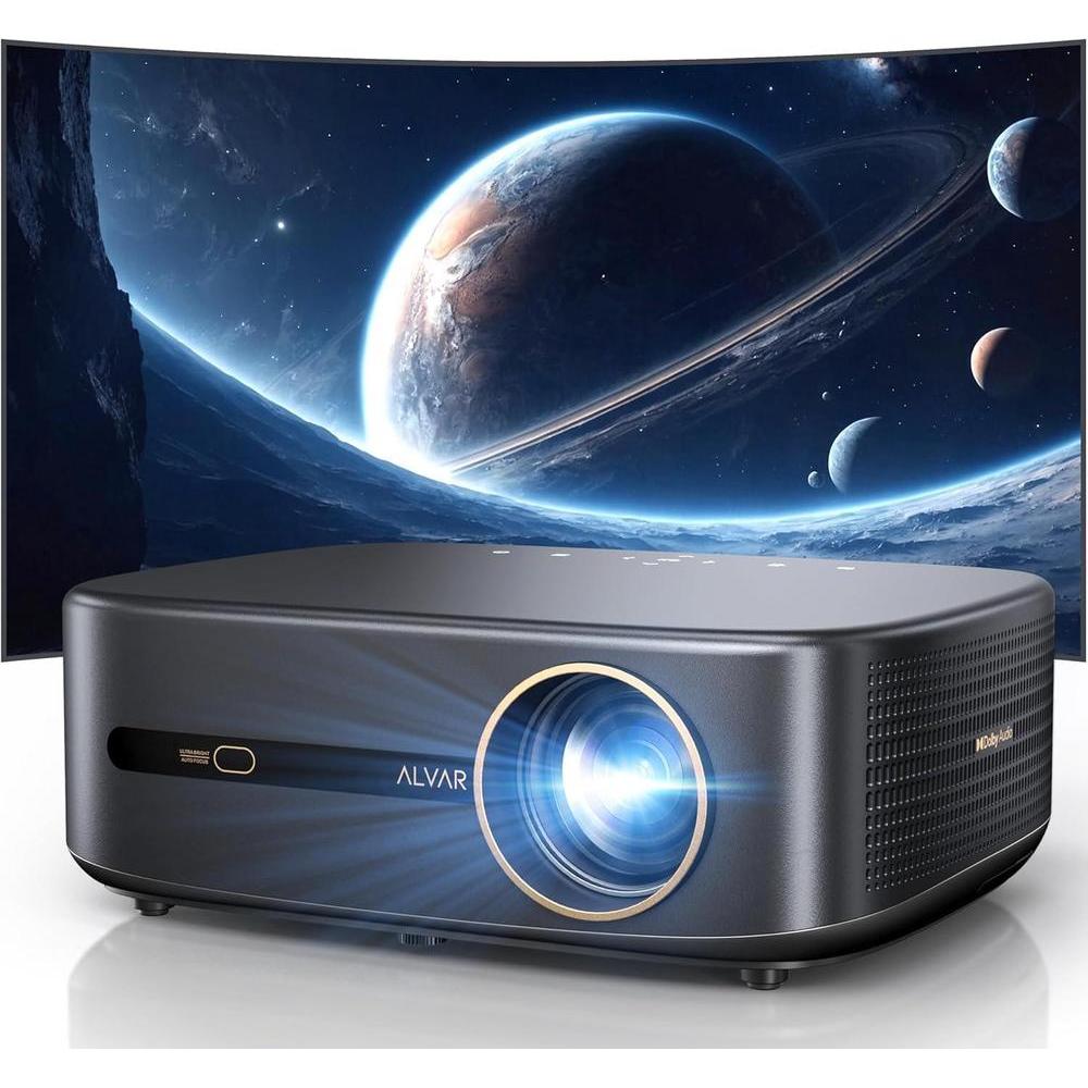 Proyector Alvar con WiFi 6, Bluetooth, sonido dbx-tv y aplicaciones integradas como Netflix, ideal para cine en casa o exterior