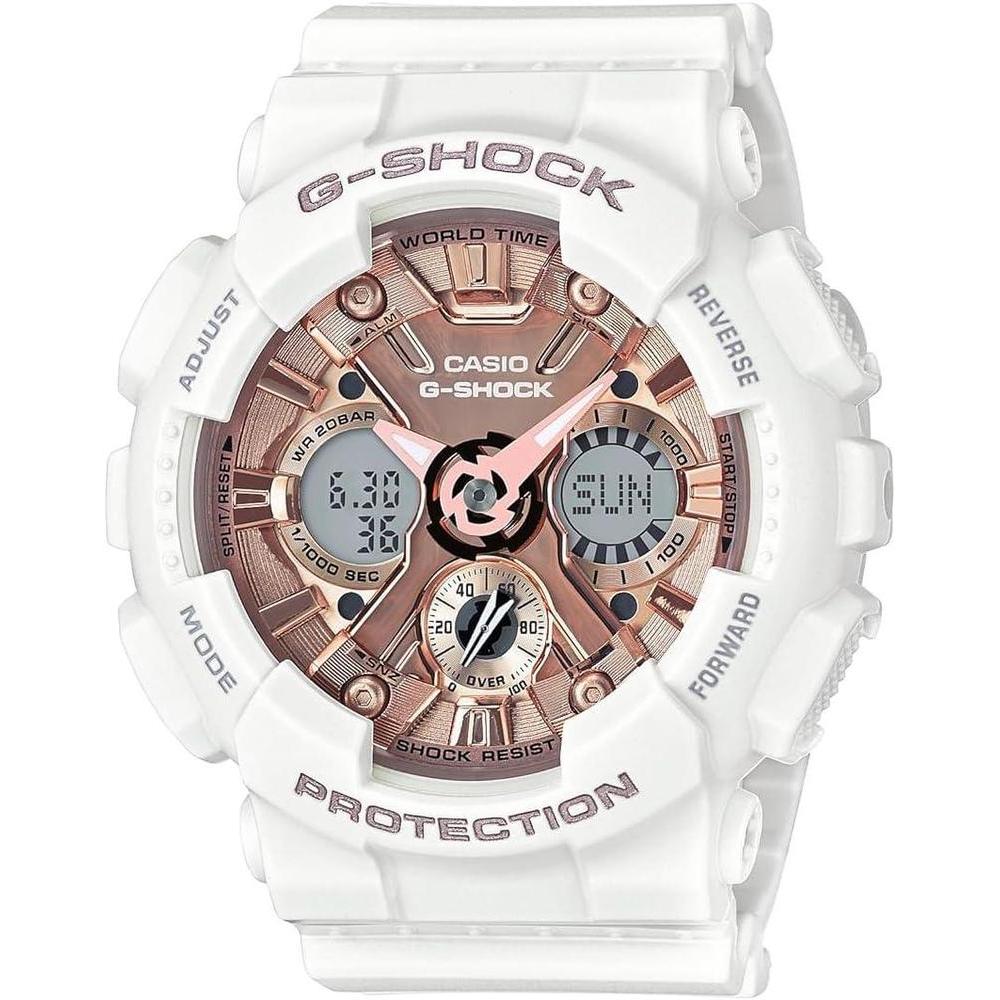 Reloj Casio G-Shock Blanco y Oro Rosa - Resistente al Agua y Golpes, Ideal para Mujer, Modelo GMS-S120MF-7A2CR
