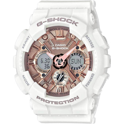 Reloj Casio G-Shock Blanco y Oro Rosa - Resistente al Agua y Golpes, Ideal para Mujer, Modelo GMS-S120MF-7A2CR