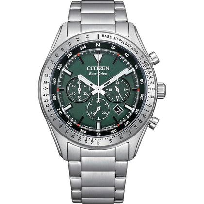 Citizen Eco-Drive Weekender Sport Casual, reloj de acero inoxidable, cronógrafo y esfera verde, modelo CA4600-89X