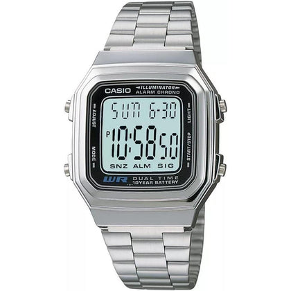 Reloj digital Casio A178W-1A plateado con alarma y cronógrafo para hombre, incluye luz LED y calendario automático