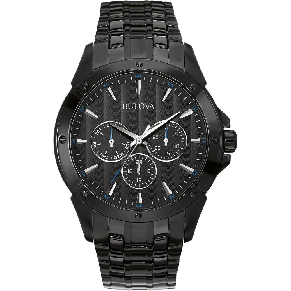 Bulova Reloj clásico de cuarzo para hombre, 6 manecillas, multifunción, día/fecha, esfera negra estampada