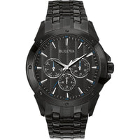 Bulova Reloj clásico de cuarzo para hombre, 6 manecillas, multifunción, día/fecha, esfera negra estampada