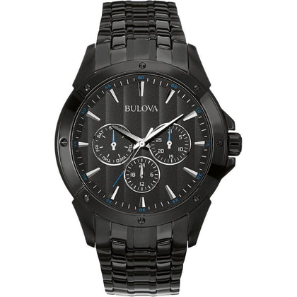 Bulova Reloj clásico de cuarzo para hombre, 6 manecillas, multifunción, día/fecha, esfera negra estampada