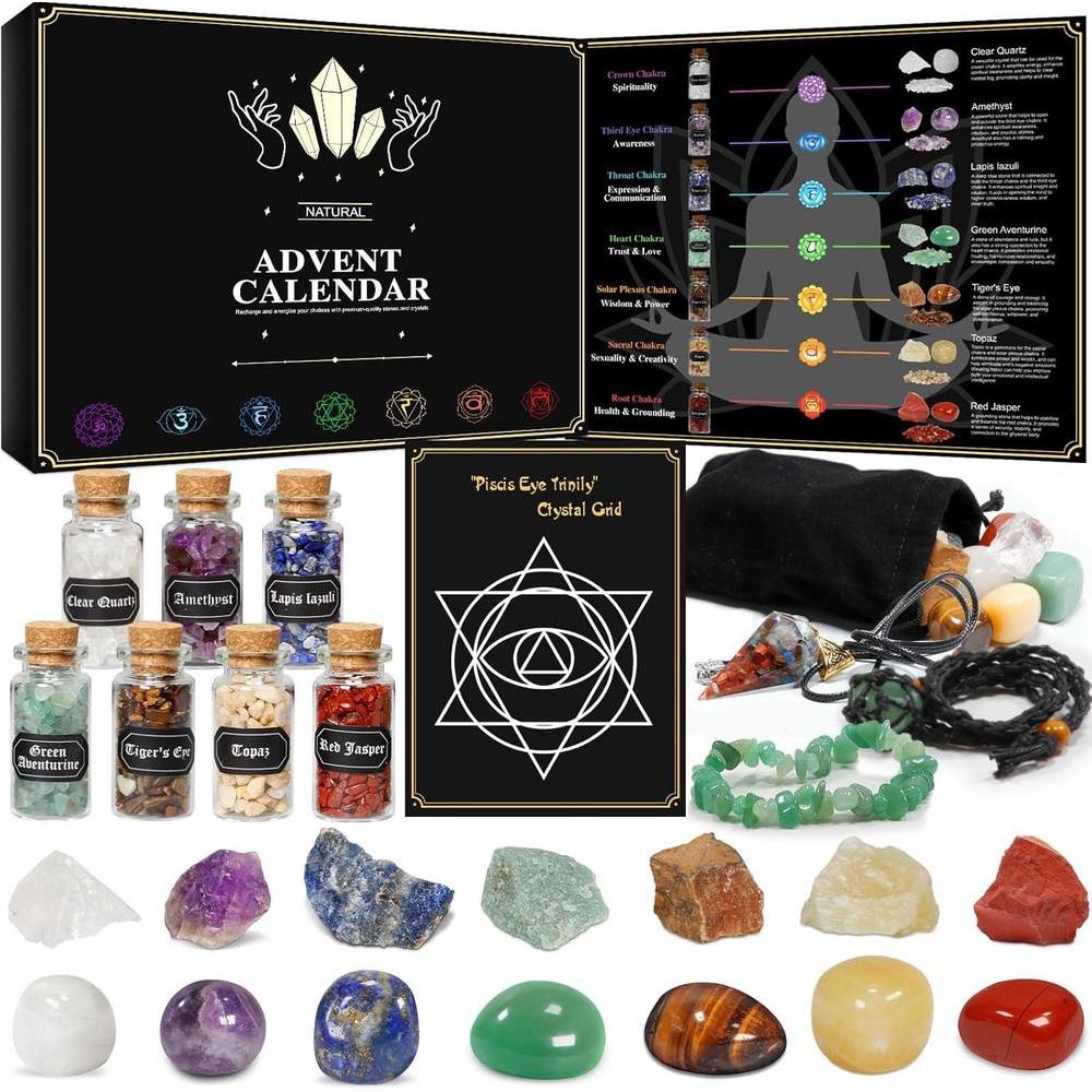 Calendario de Adviento con piedras naturales, collares y guía para equilibrar tus chakras