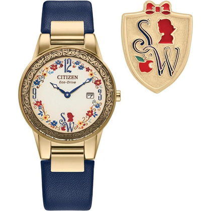 Citizen Eco-Drive Disney Princess, caja de acero oro con correa de cuero azul y juego de regalo de alfiler, modelo GA1079-41W