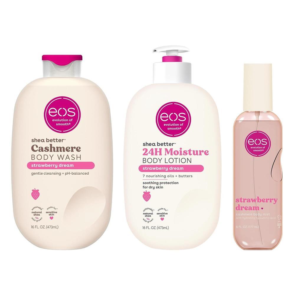 eos Essentials Bundle - Gel de baño, niebla corporal y loción corporal aroma Strawberry Dream