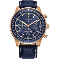 Citizen Eco-Drive Weekender Sport Casual Cronógrafo en acero inoxidable oro rosa, correa de cuero azul, esfera azul