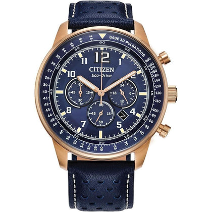 Citizen Eco-Drive Weekender Sport Casual Cronógrafo en acero inoxidable oro rosa, correa de cuero azul, esfera azul