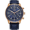 Citizen Eco-Drive Weekender Sport Casual Cronógrafo en acero inoxidable oro rosa, correa de cuero azul, esfera azul