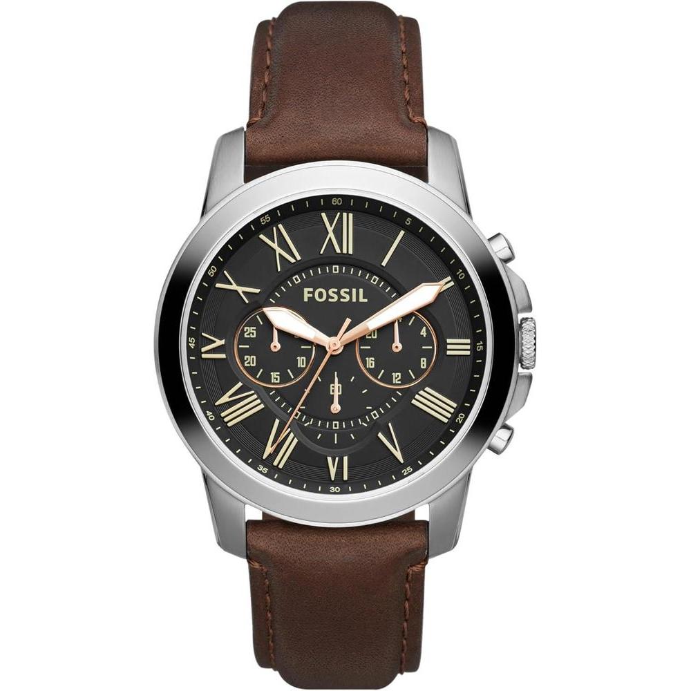 Reloj cronógrafo para hombre de acero inoxidable y cuero negro con detalles dorados, movimiento de cuarzo, modelo Grant