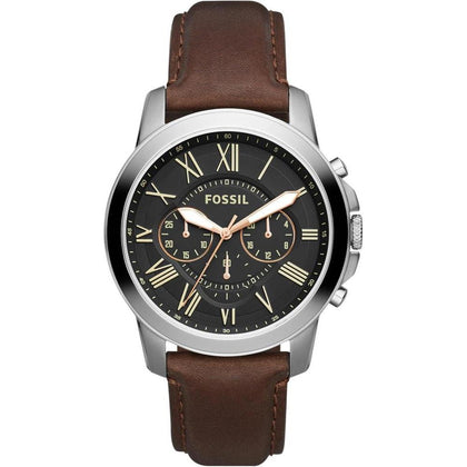 Reloj cronógrafo para hombre de acero inoxidable y cuero negro con detalles dorados, movimiento de cuarzo, modelo Grant