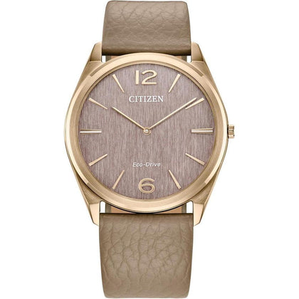 Citizen Reloj ecológico unisex Eco-Drive Dress Classic, correa de cuero beige, esfera rosa, 2 manecillas, modelo AR3123-00X