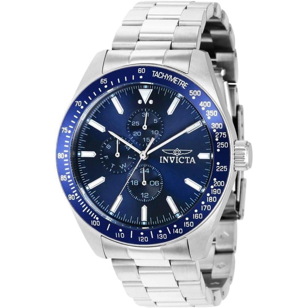Reloj Invicta Aviator para hombres en acero inoxidable plata con esfera azul, movimiento de cuarzo y hebilla de espiga