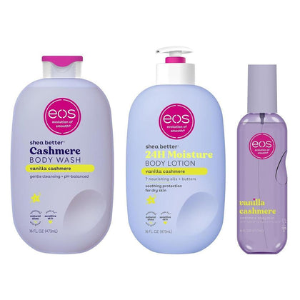 eos Essentials Bundle - Gel de baño, niebla corporal y loción con aroma a Vanilla Cashmere para cuidado personal