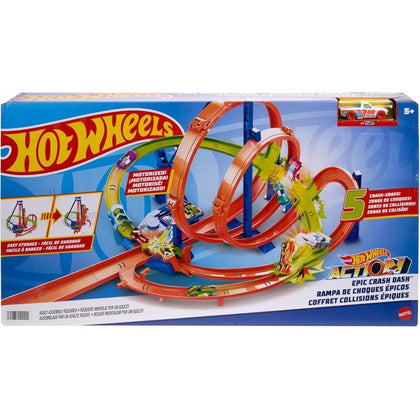 Set de pista Hot Wheels Epic Crash Dash con 5 zonas de choque y booster motorizado