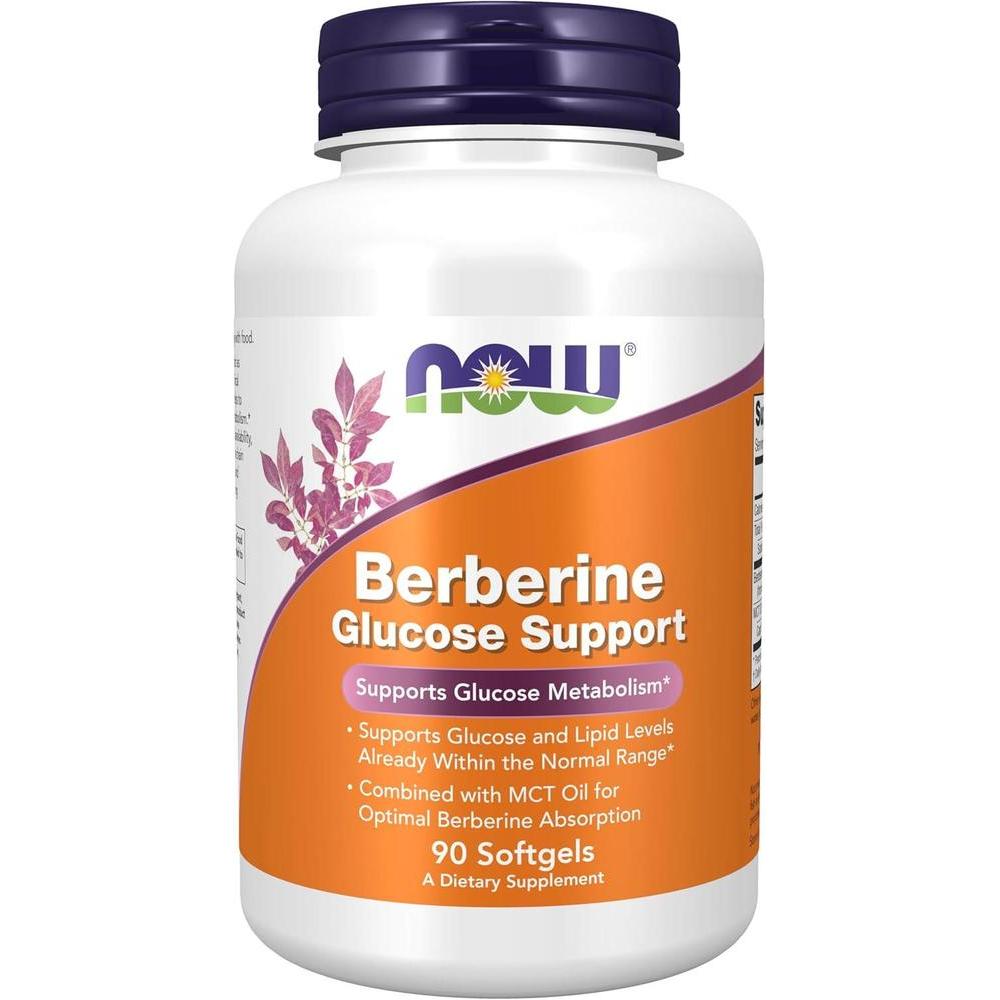 Suplemento NOW Foods con berberina para soporte de glucosa, combinado con aceite MCT para mejorar absorción, 90 cápsulas blandas