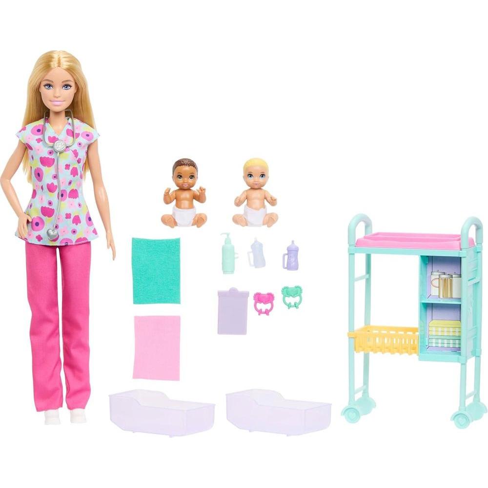 Barbie Careers Baby Doctor con muñeca rubia, 2 bebés, mesa de examen y accesorios para juego de roles médico