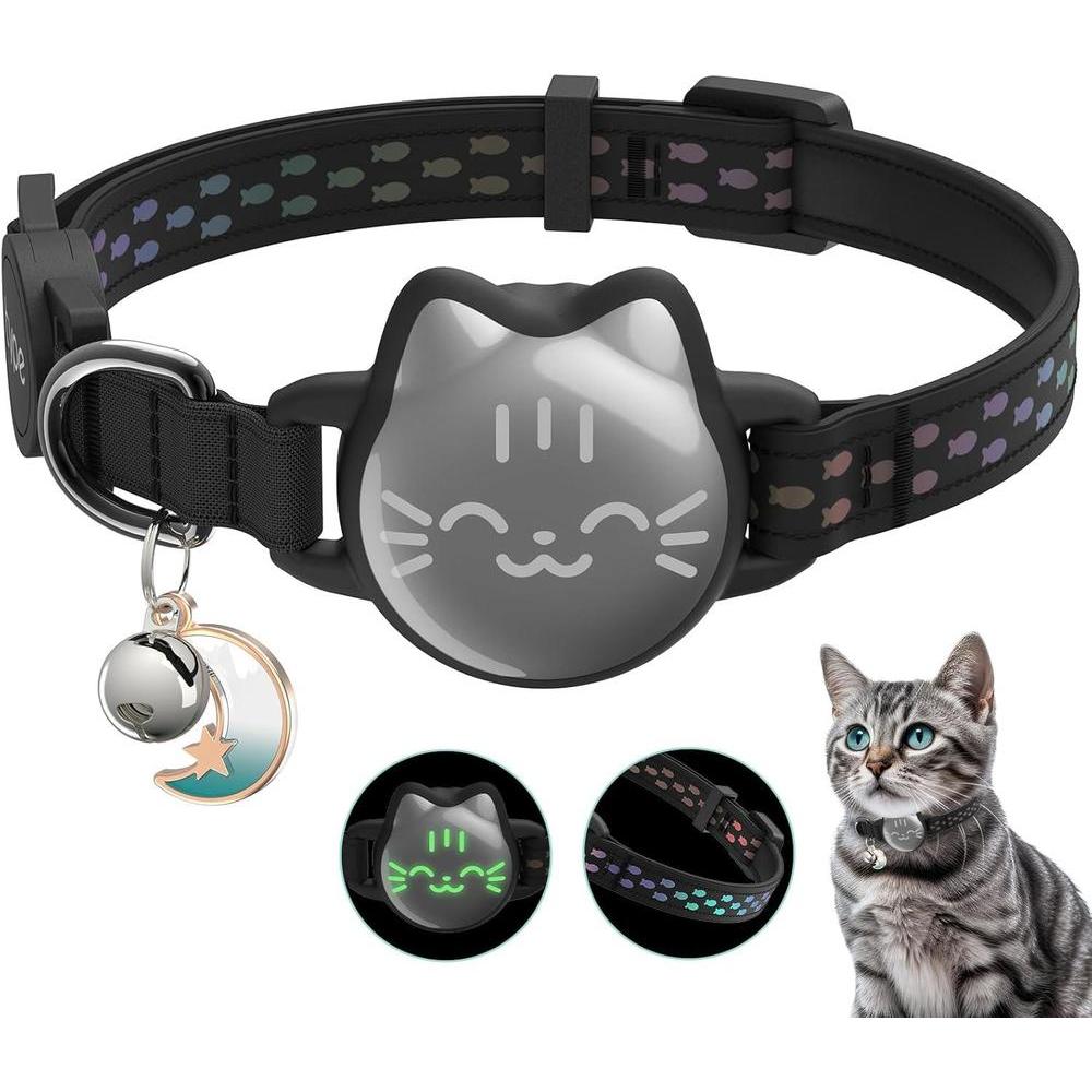 Collar de gato Airtag impermeable con patrón de pez luminoso y soporte oculto, ideal para rastrear a tu gato