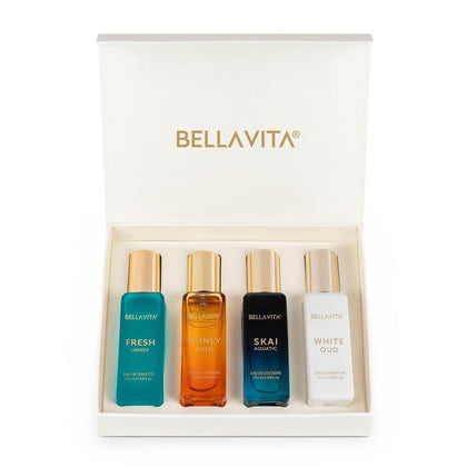 BellaVita - Juego de colonia de lujo para mujer. Incluye: Honey Oud, Skai, Fresh, White Oud. Regalo ideal de fragancia