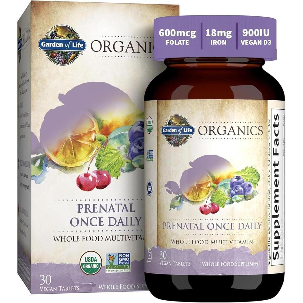 Garden of Life Organics Vitamina prenatal con ácido fólico, hierro, vitamina C, B6, B12, D3 orgánico y vegano