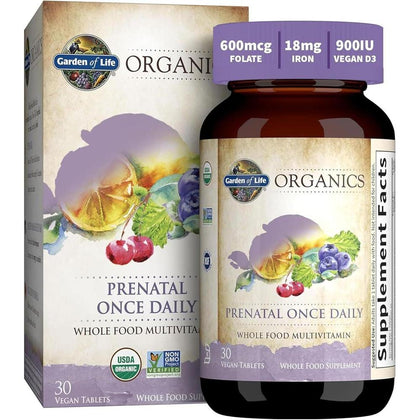 Garden of Life Organics Vitamina prenatal con ácido fólico, hierro, vitamina C, B6, B12, D3 orgánico y vegano