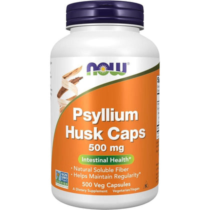 Suplemento de fibra NOW Foods Psyllium Husk, 500 mg, no transgénico, promueve salud intestinal con 500 cápsulas veganas