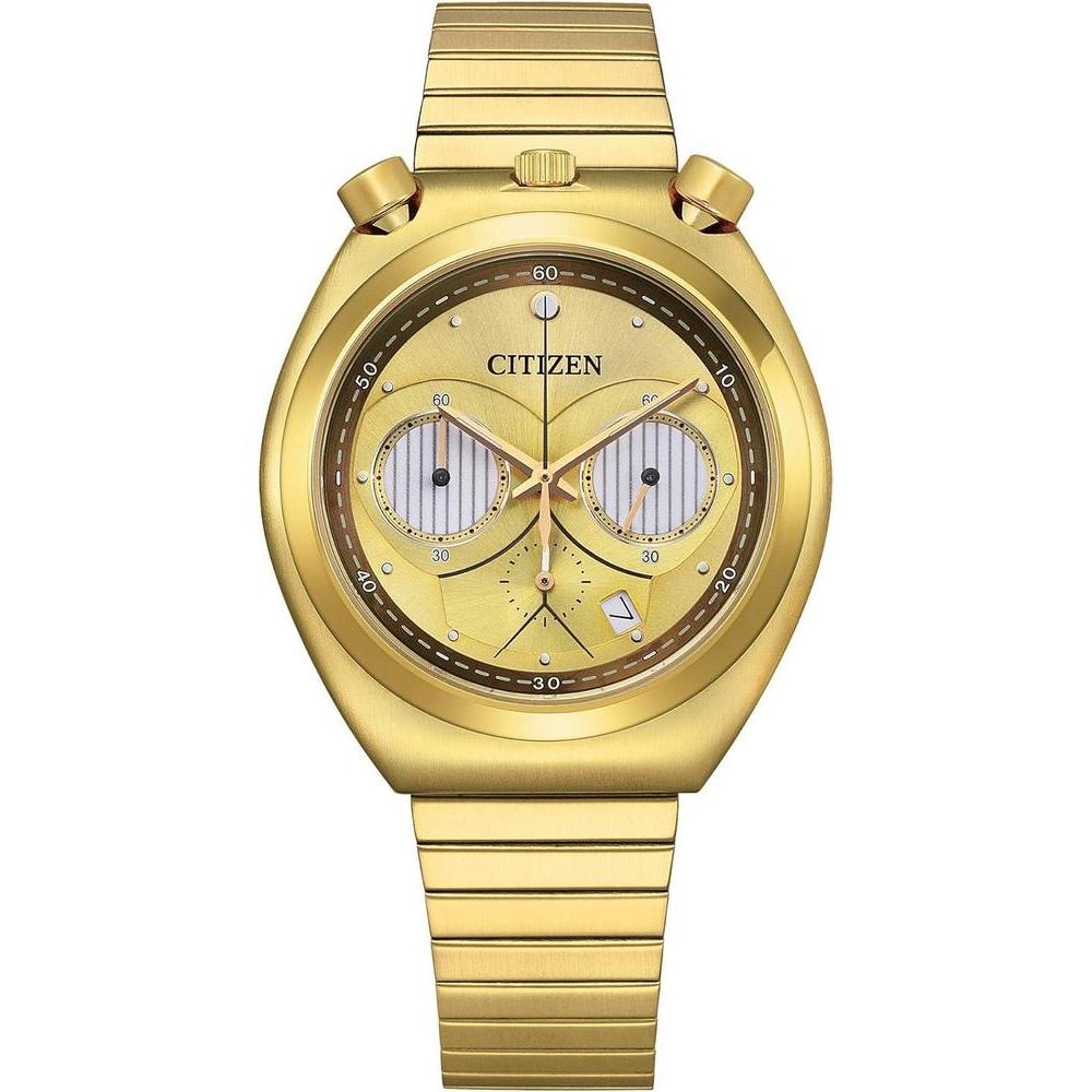 Citizen Reloj de cuarzo Star Wars para hombre inspirado en C-3PO, diseño coleccionable en acero inoxidable dorado