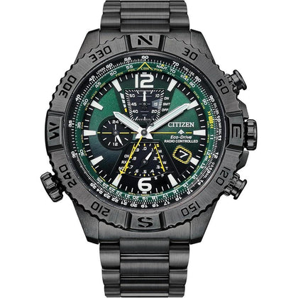 Citizen Reloj Eco-Drive Promaster Navihawk A-T para hombre, esfera verde, pulsera de acero inoxidable, modelo AT8227-56X