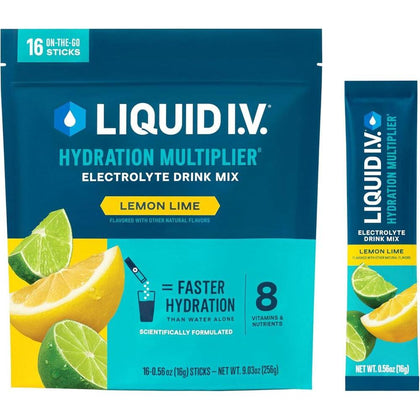 Liquid I.V. Multiplicador de Hidratación con Electrolitos, Sabor Limón Lima, Paquete de 16 Porciones