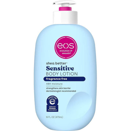 Loción corporal eos Shea Better para piel sensible con hidración de 48 horas, sin fragancia, vegana