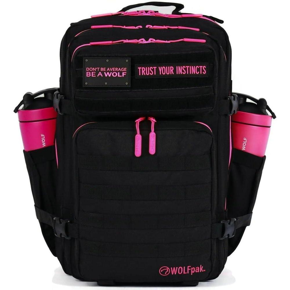 WOLFpak Mochila para portátil 45L rosa neón, táctica y resistente al agua, con parches personalizables y apertura de 180 grados