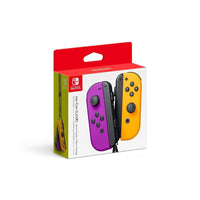 Joy-Con Nintendo Switch colores neón púrpura y naranja, controles inalámbricos con acelerómetro y sensor giroscópico