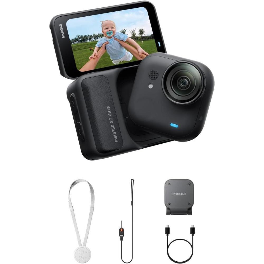 Cámara Insta360 GO Ultra 4K para Vlogging, Manos Libres, Sensor 1/1.28", Peso Ligero, con Batería de 200 Min, Magnética, Negra