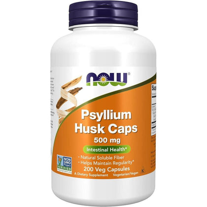 NOW Foods Psyllium Husk Caps 500 mg, Suplemento con fibra soluble natural para la salud intestinal, 200 cápsulas veganas