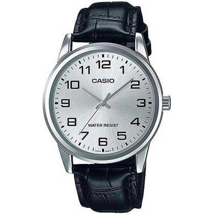 Reloj analógico Casio MTP-V001L-7BUDF para hombre con correa de cuero negro y esfera blanca