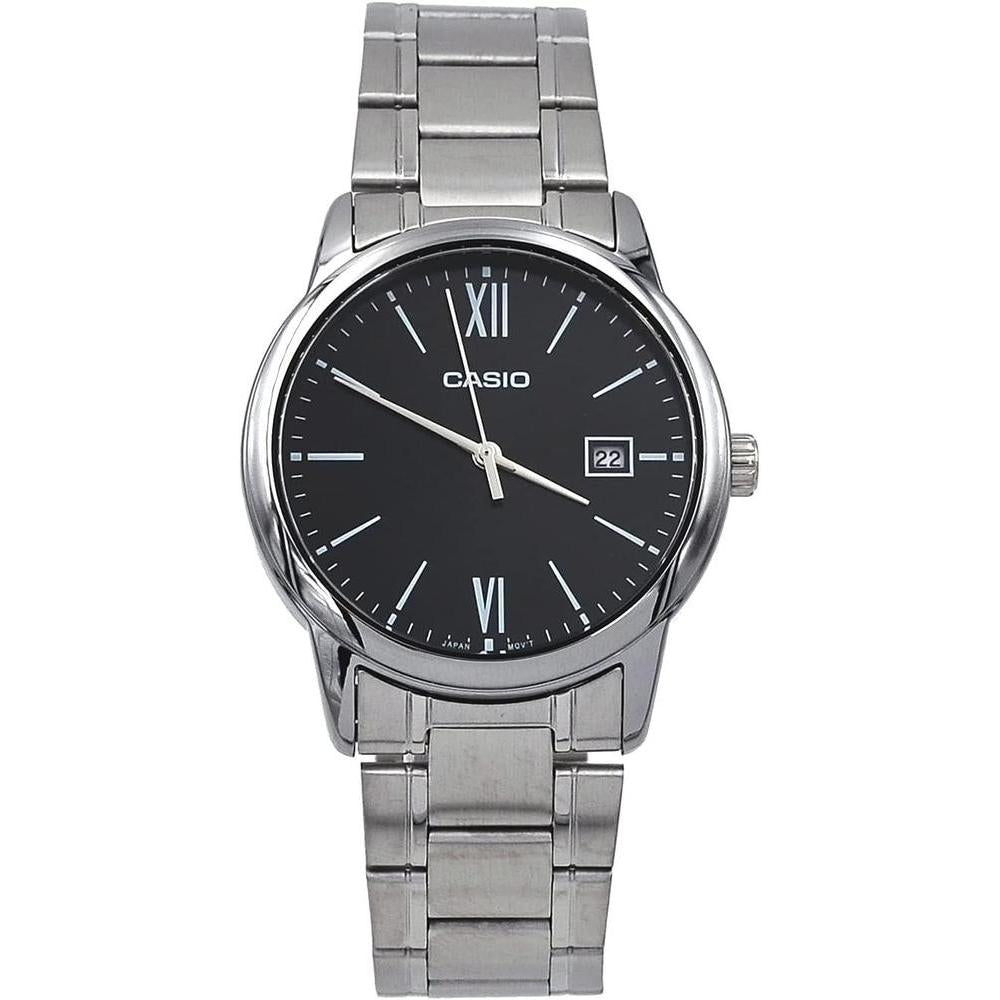 Reloj analógico estándar Casio para hombre, acero inoxidable con esfera negra y función de fecha romana, movimiento japonés