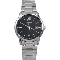 Reloj analógico estándar Casio para hombre, acero inoxidable con esfera negra y función de fecha romana, movimiento japonés