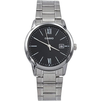 Reloj analógico estándar Casio para hombre, acero inoxidable con esfera negra y función de fecha romana, movimiento japonés