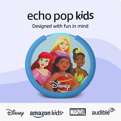 Amazon Echo Pop Kids con control parental y diseño de princesas Disney, incluye suscripción Amazon Kids+
