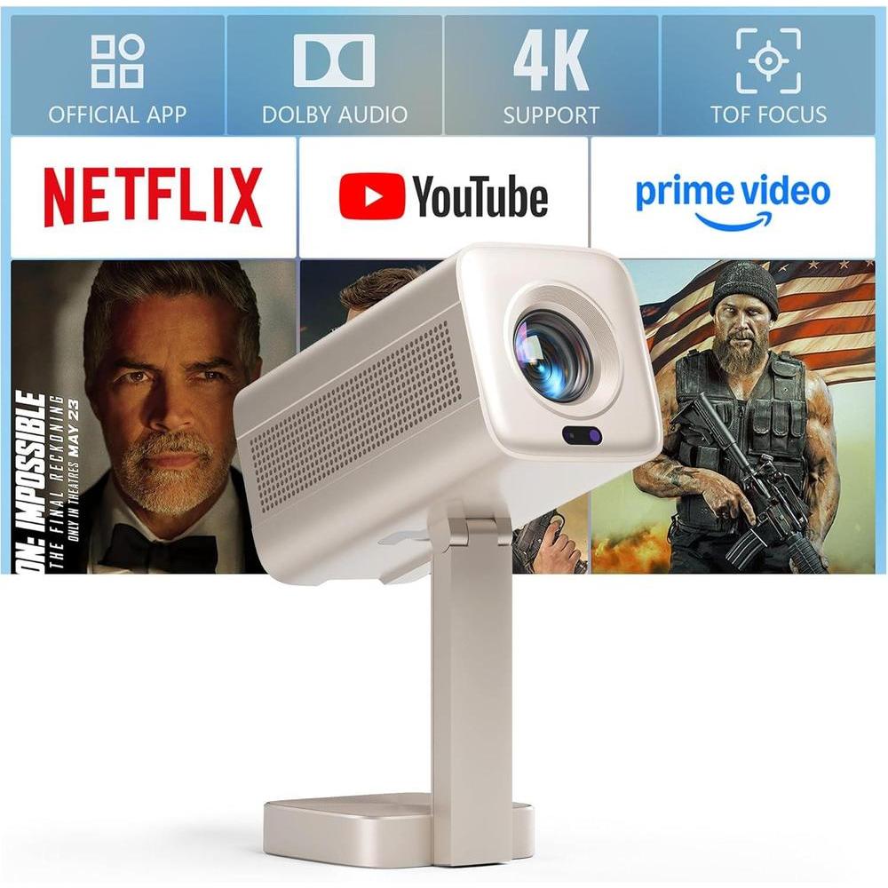 Proyector inteligente mini con WiFi, Bluetooth y Dolby Audio, soporte 4K, enfoque automático TOF, resolución nativa 1080P