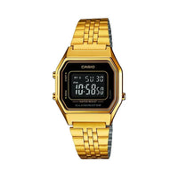 Reloj Casio para mujer modelo LA680WGA-1B, diseño dorado en metal con mecanismo de cuarzo, funciones de alarma y calendario
