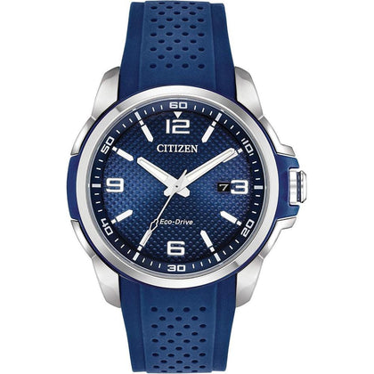 Citizen Reloj Eco-Drive Weekender para hombre en acero inoxidable con correa de poliuretano azul, esfera azul, modelo AW1158-05L